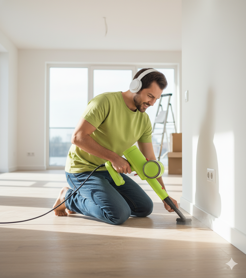 Man cleaning baseboards during move in/out service