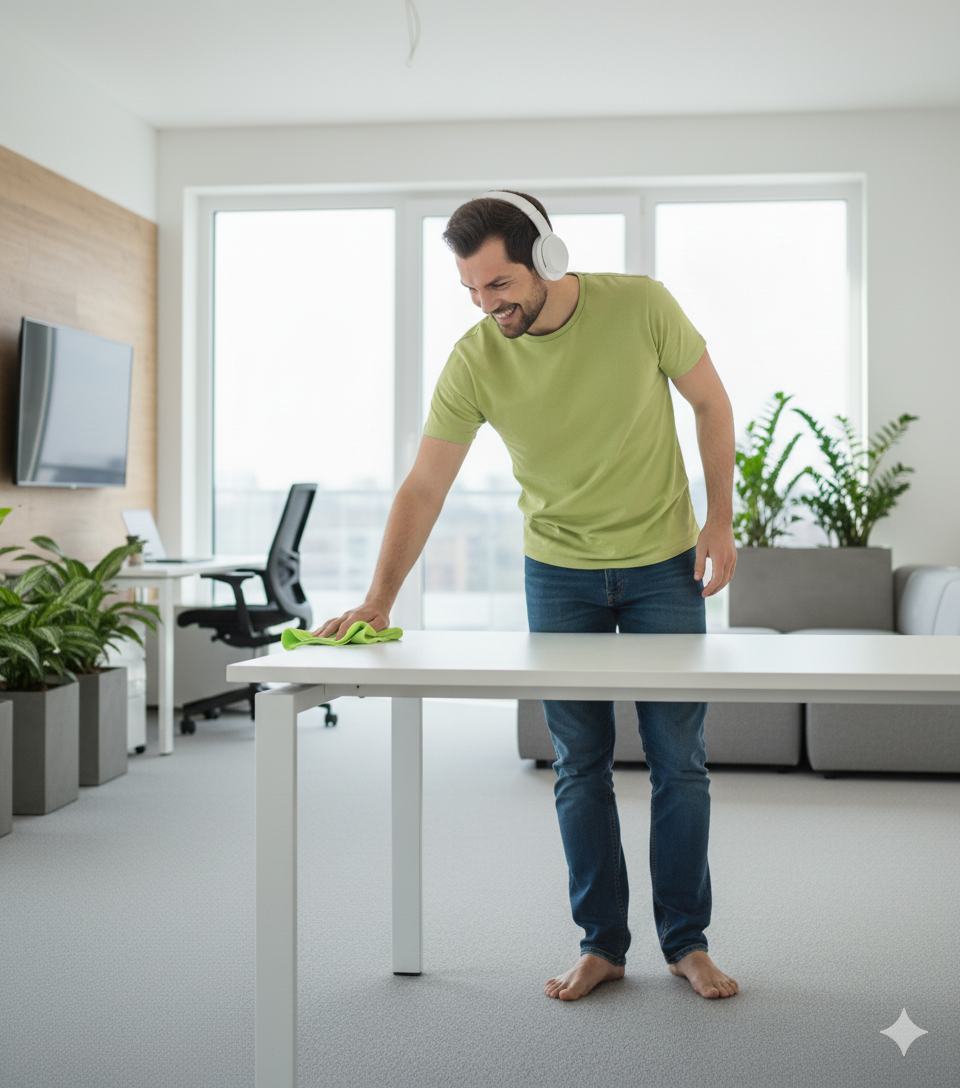 Man cleaning office desk in modern commercial space