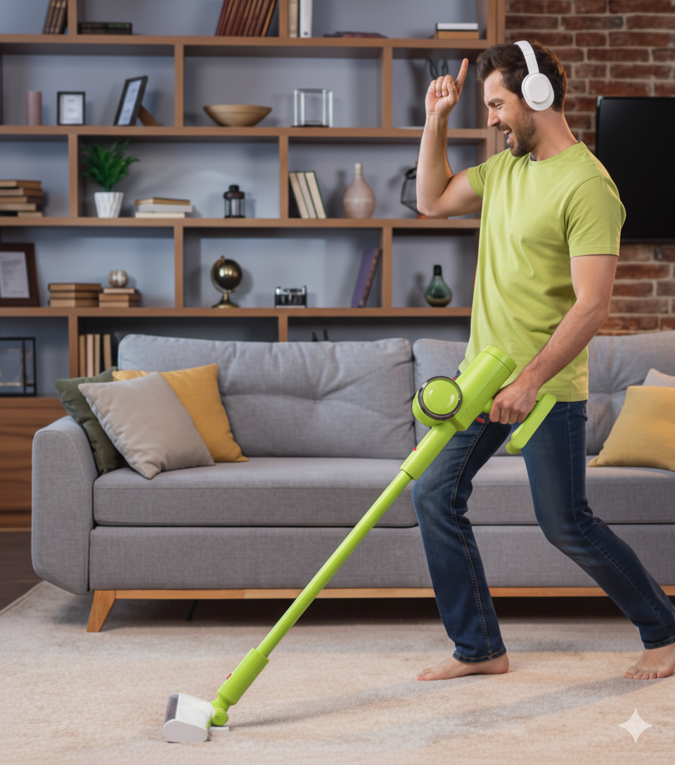 Man enjoying regular cleaning service with vacuum and music