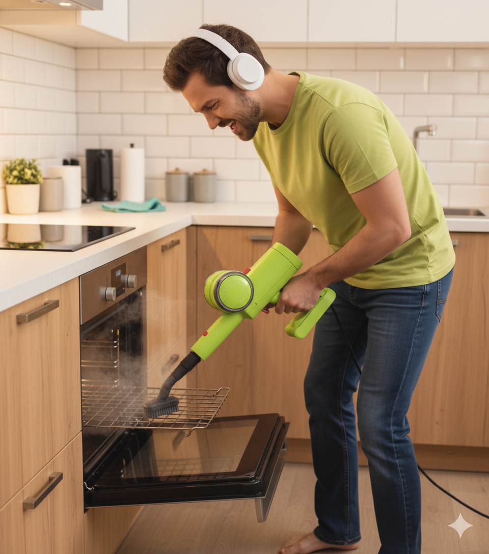 Man deep cleaning oven with vacuum tool in modern kitchen